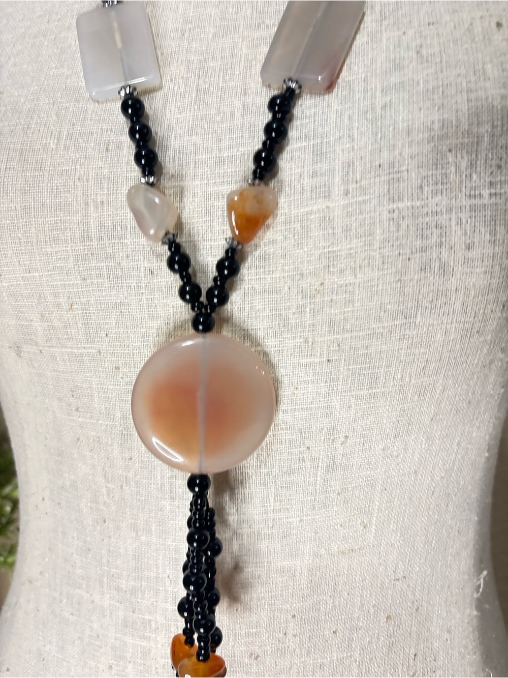 Vintage Agate Onyx Y Necklace Statement Boho Natural Stone Earthy Jewelry